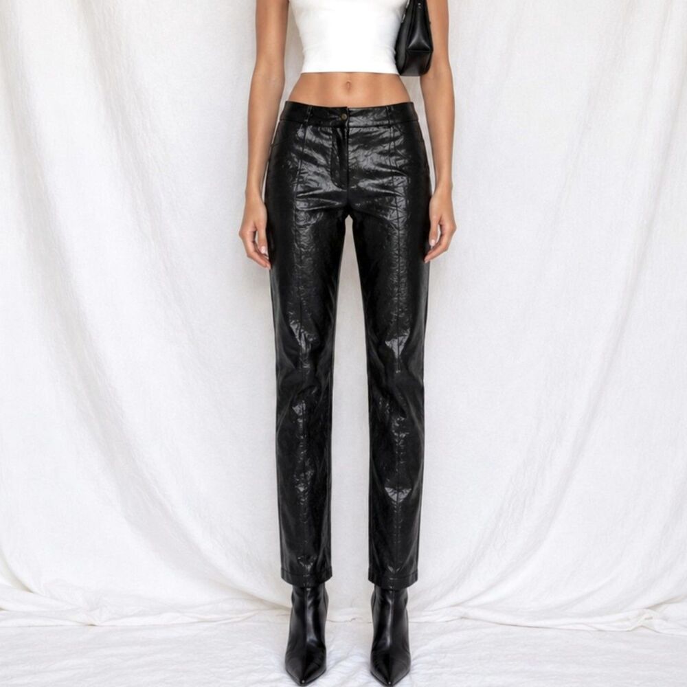 Vintage Y2K 90s Black Patent Faux Leather Look Slim Leg Trouser Pants Size XS/S